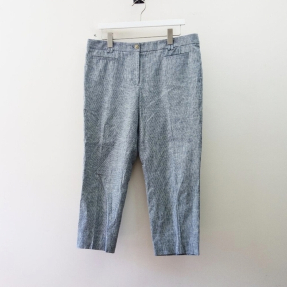 Ann Taylor The Cotton Crop Linen Mid Rise Dress Pants Grey Stripes (12 Petite)